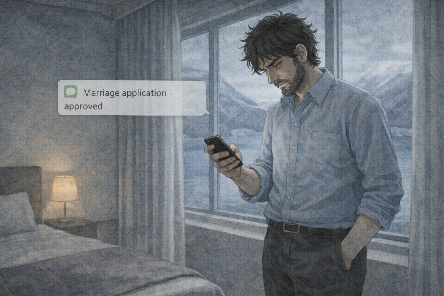 A hotel room in Norway — Faris by the window, phone showing marriage approval notification. A complicated expression between relief and numbness.